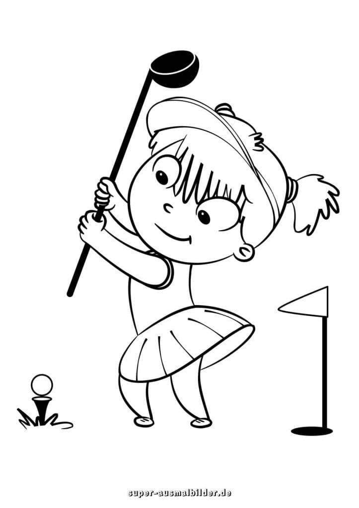 Golferin. Mädchen mit Schläger und Ball Golf Ausmalbild kostenlos herunterladen