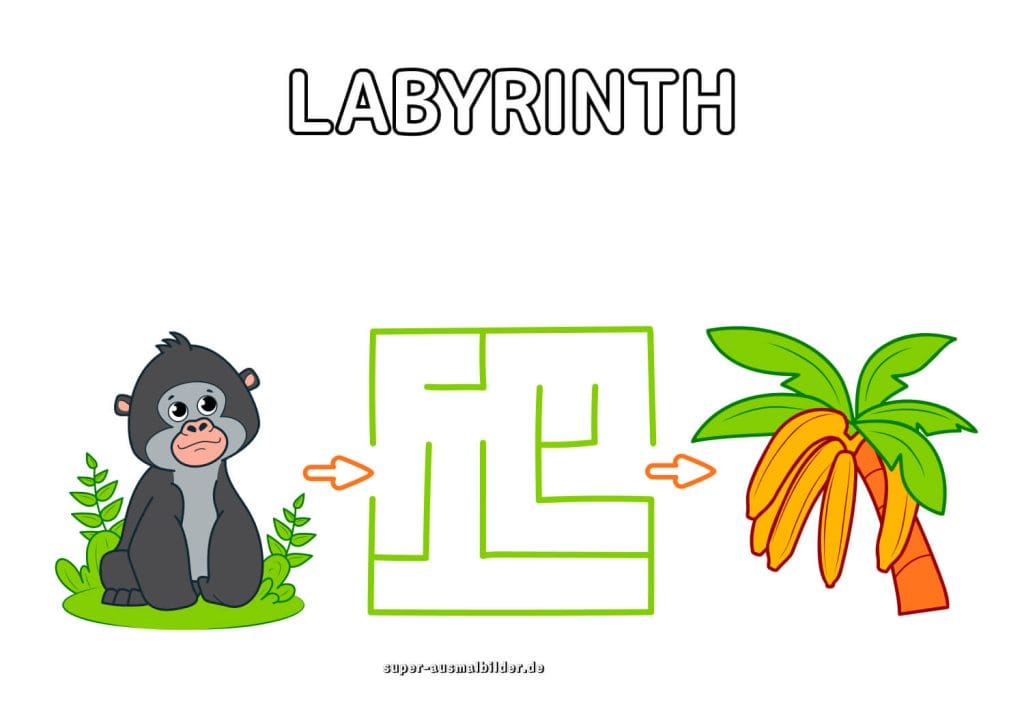 Gorilla und Banane Labyrinth Tierlabyrinth mit Früchten zum kostenlosen Download