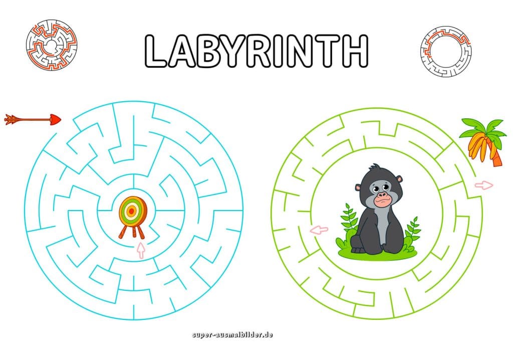 Gorilla und Zielscheibe Labyrinth kreisförmiges Rätsel für Kinder gratis herunterladen