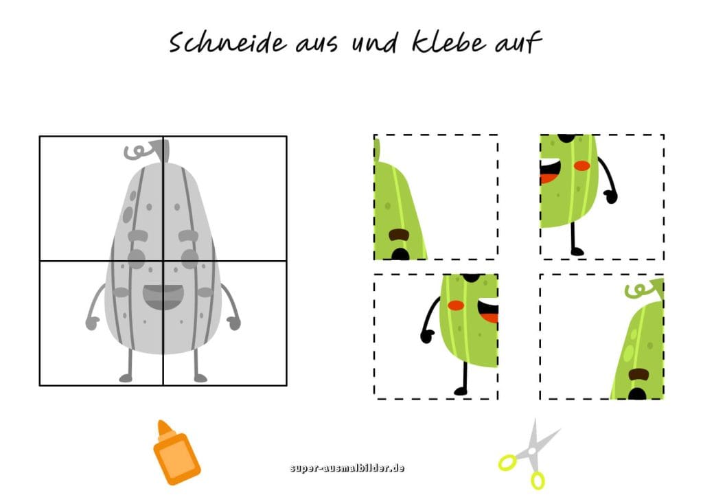 Gurke Bastelblatt zum Ausschneiden Witziges Gemüse ausschneiden und aufkleben, kostenlos drucken