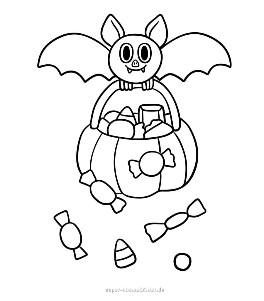 Halloween Ausmalbild – Fledermaus mit Bonbons im Kürbiskorb, kostenlose Malvorlage Halloween zum Drucken