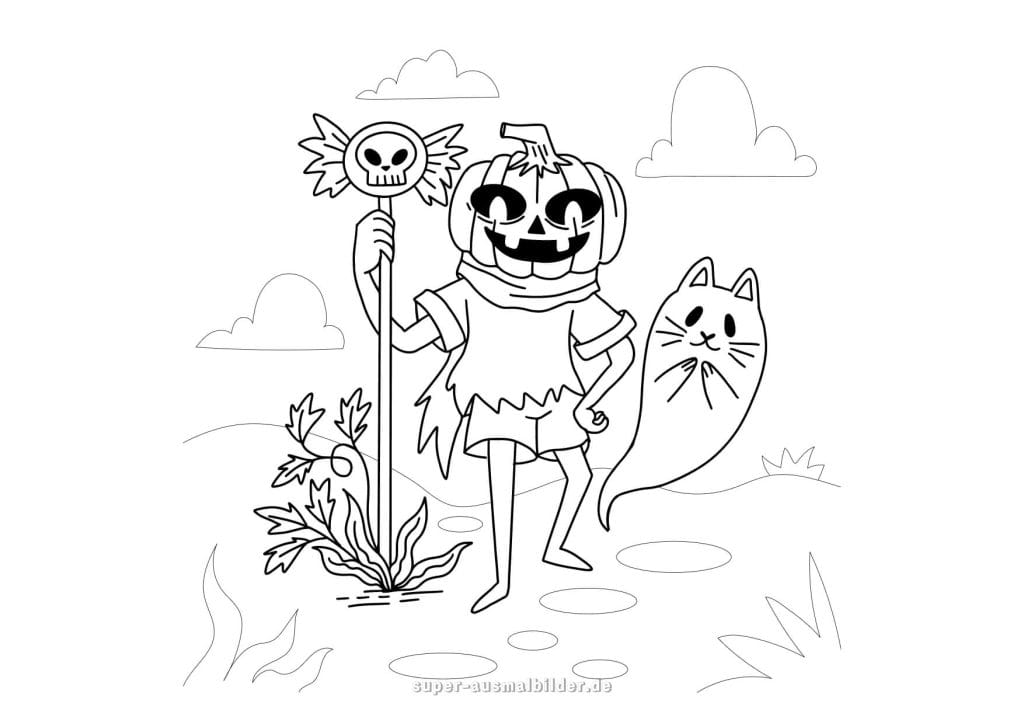 Halloween Ausmalbild – Kürbiskopf mit Zauberstab und Geist, kostenlose Malvorlage Halloween zum Drucken