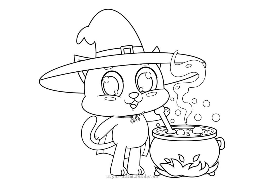 Halloween Ausmalbild – süße Katze als Hexe mit Zaubertrank im Kessel, kostenlose Halloween Malvorlage zum Ausdrucken