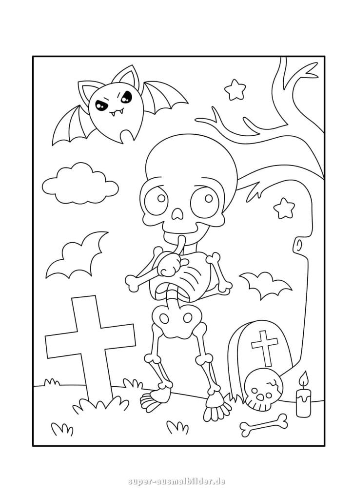 Halloween Ausmalbilder Totenkopf – lustiges Skelett auf dem Friedhof mit Fledermäusen, Halloween Malvorlage kostenlos