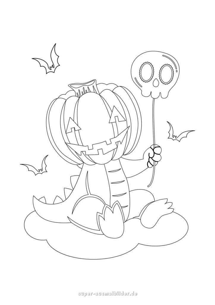 Halloween Ausmalbilder – Drache mit Kürbiskopf und Totenkopf Ballon, kostenlose Halloween Malvorlage zum Ausdrucken
