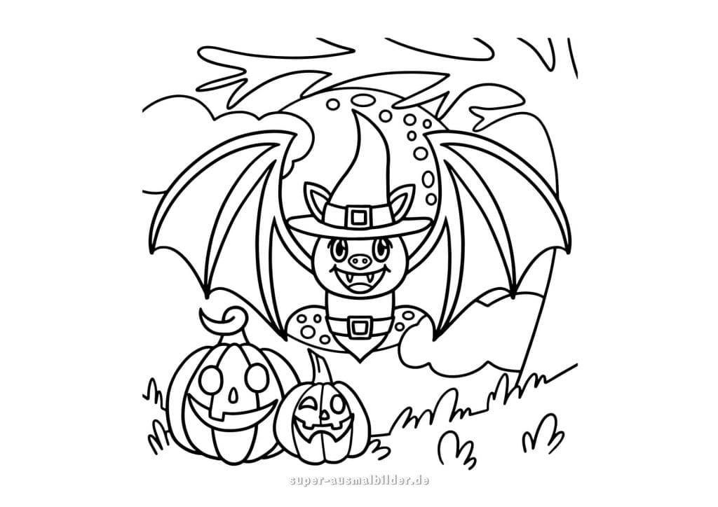 Halloween Ausmalbilder – Fledermaus mit Hexenhut und Kürbissen, Halloween Malvorlagen kostenlos zum Drucken