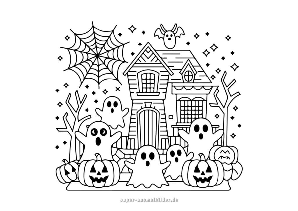 Halloween Ausmalbilder – Geister und Kürbisse vor Spukhaus, kostenlose Halloween Bilder zum Ausmalen für Kinder
