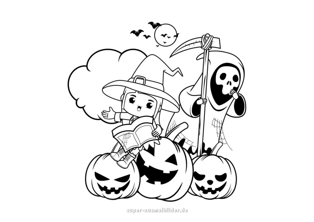 Halloween Ausmalbilder – Hexe und Sensenmann mit Kürbissen, kostenlose Halloween Bilder zum Ausmalen für Kinder