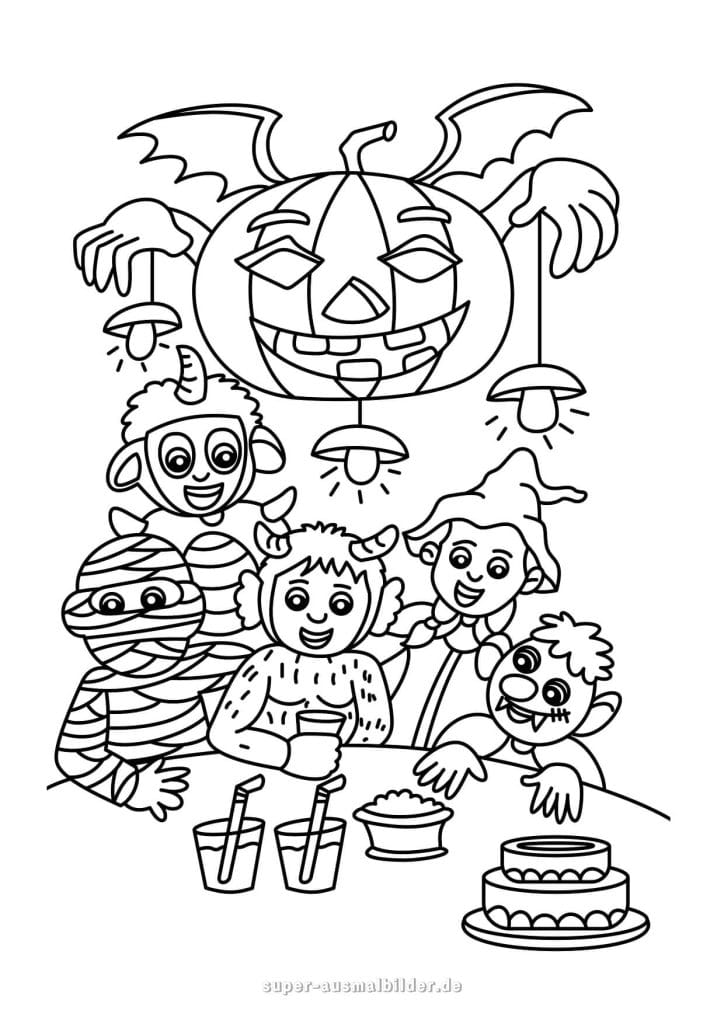 Halloween Ausmalbilder – Kinder auf der Halloweenparty mit Kürbis, Kostümen und Kuchen, kostenlose Halloween Malvorlage zum Ausdrucken