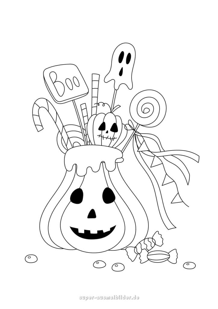Halloween Ausmalbilder – Kürbisbecher mit Süßigkeiten und Geistern, Halloween Bilder zum Ausmalen kostenlos