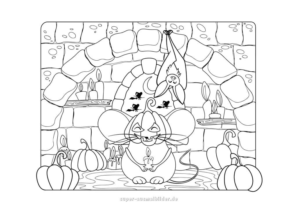 Halloween Ausmalbilder – Maus mit Kürbisgesicht und Fledermaus in der Höhle, Halloween Bilder zum Ausmalen kostenlos