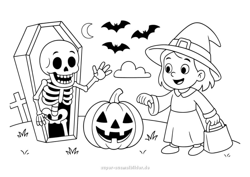 Halloween Ausmalbilder – Skelett und kleine Hexe mit Kürbis, kostenlose Halloween Bilder zum Ausmalen