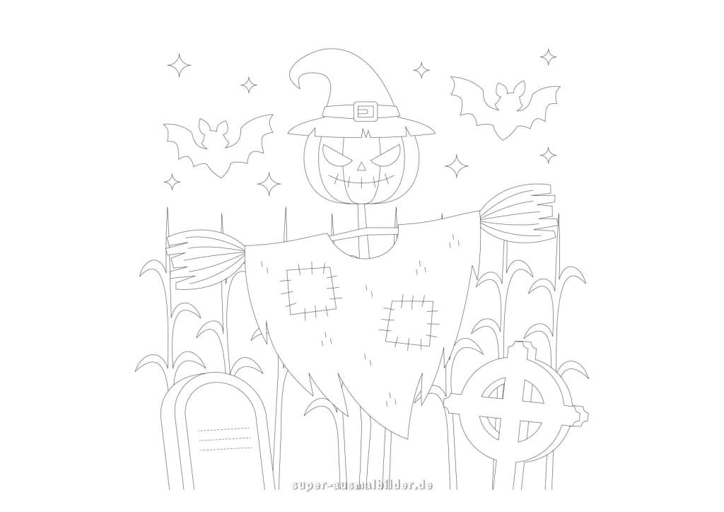 Halloween Ausmalbilder – Vogelscheuche mit Kürbiskopf und Fledermäusen, kostenlose Malvorlage Halloween zum Drucken