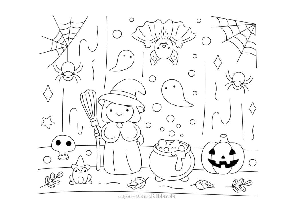 Halloween Ausmalbilder – kleine Hexe mit Zauberstab, Geistern und Kürbis, Malvorlage Halloween kostenlos drucken