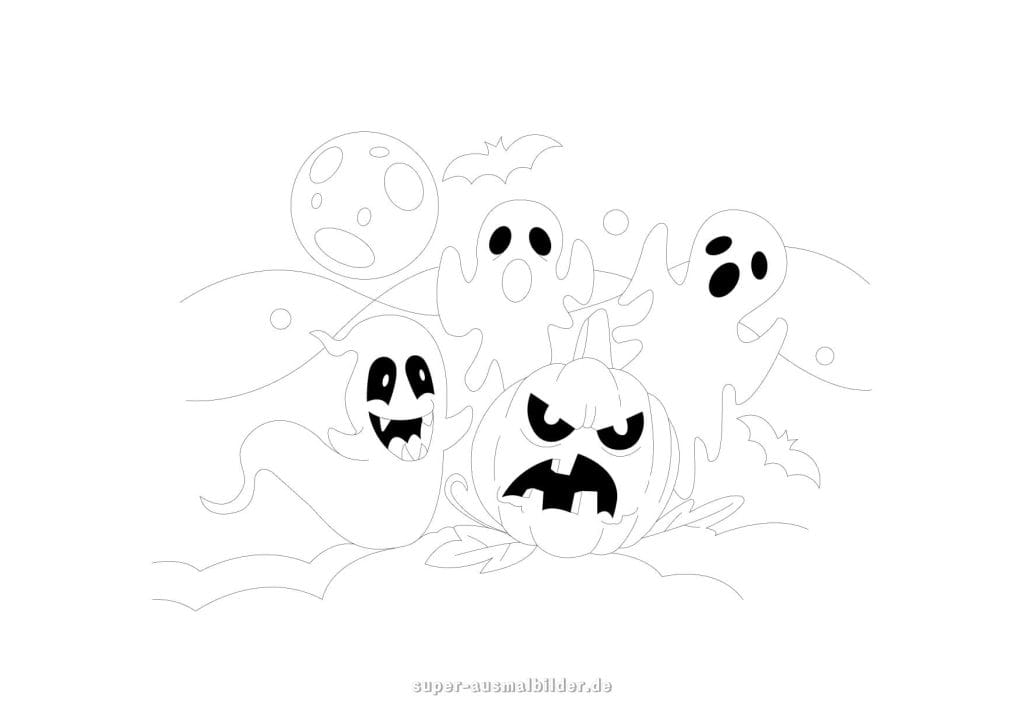 Halloween Ausmalbilder – lustige Geister mit Kürbis und Vollmond, kostenlose Halloween Malvorlage zum Ausdrucken