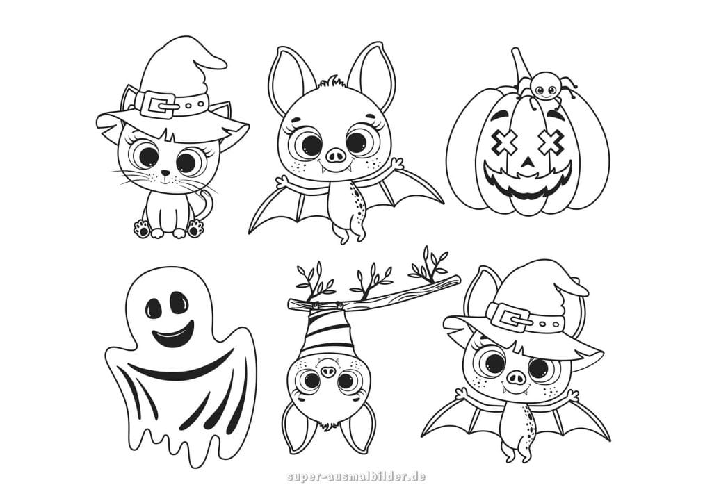 Halloween Ausmalbilder – niedliche Fledermaus, Katze mit Hexenhut, Kürbis und Geist, Halloween Bilder zum Ausmalen kostenlos