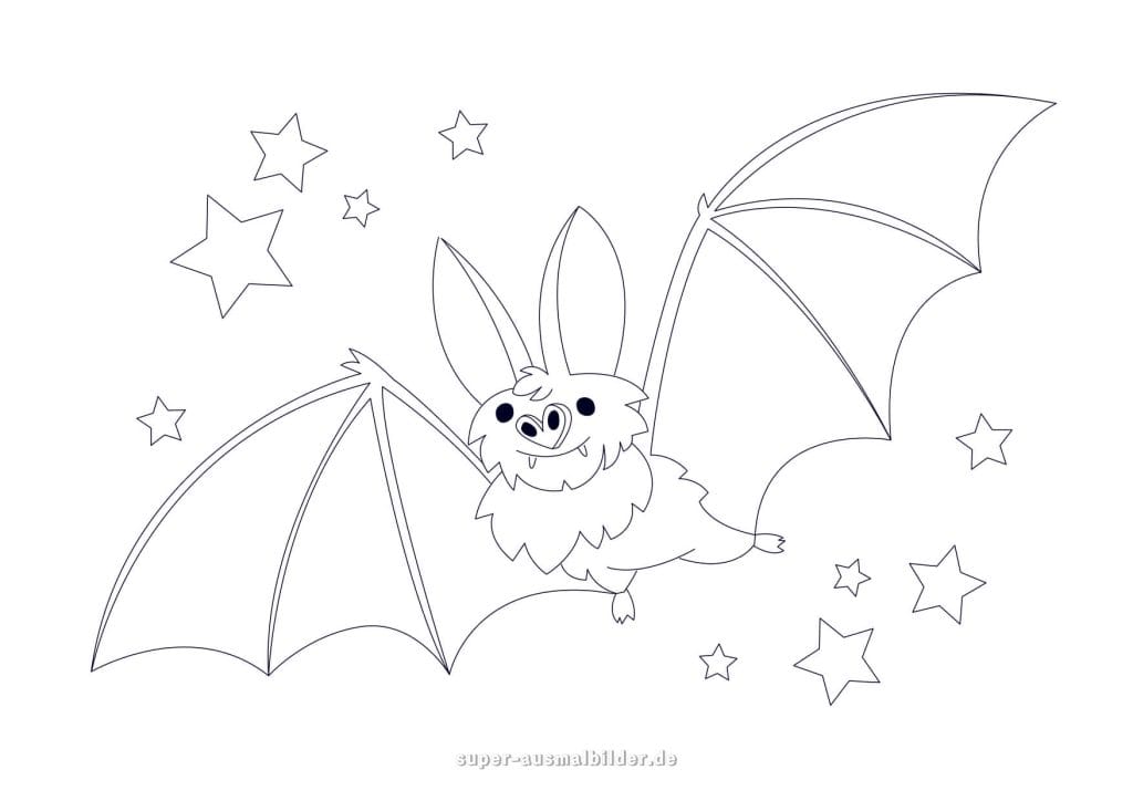 Halloween Ausmalbilder – niedliche Fledermaus zwischen Sternen, Halloween Bilder zum Ausmalen kostenlos für Kinder