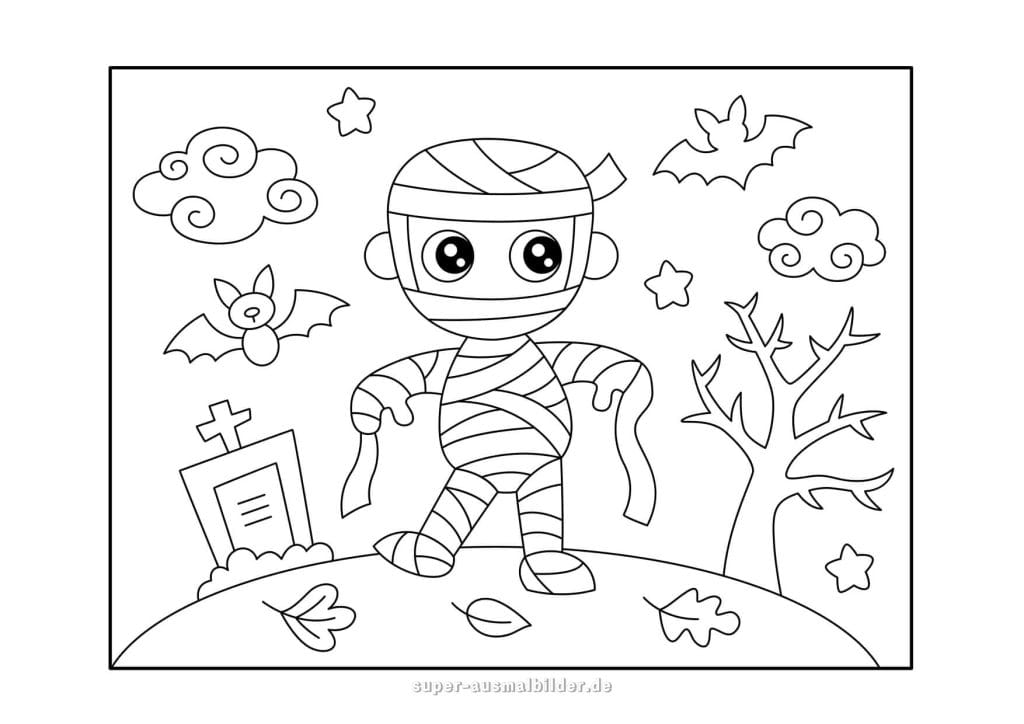 Halloween Ausmalbilder – niedliche Mumie auf dem Friedhof mit Fledermäusen und Sternen, kostenlose Halloween Malvorlage zum Ausdrucken