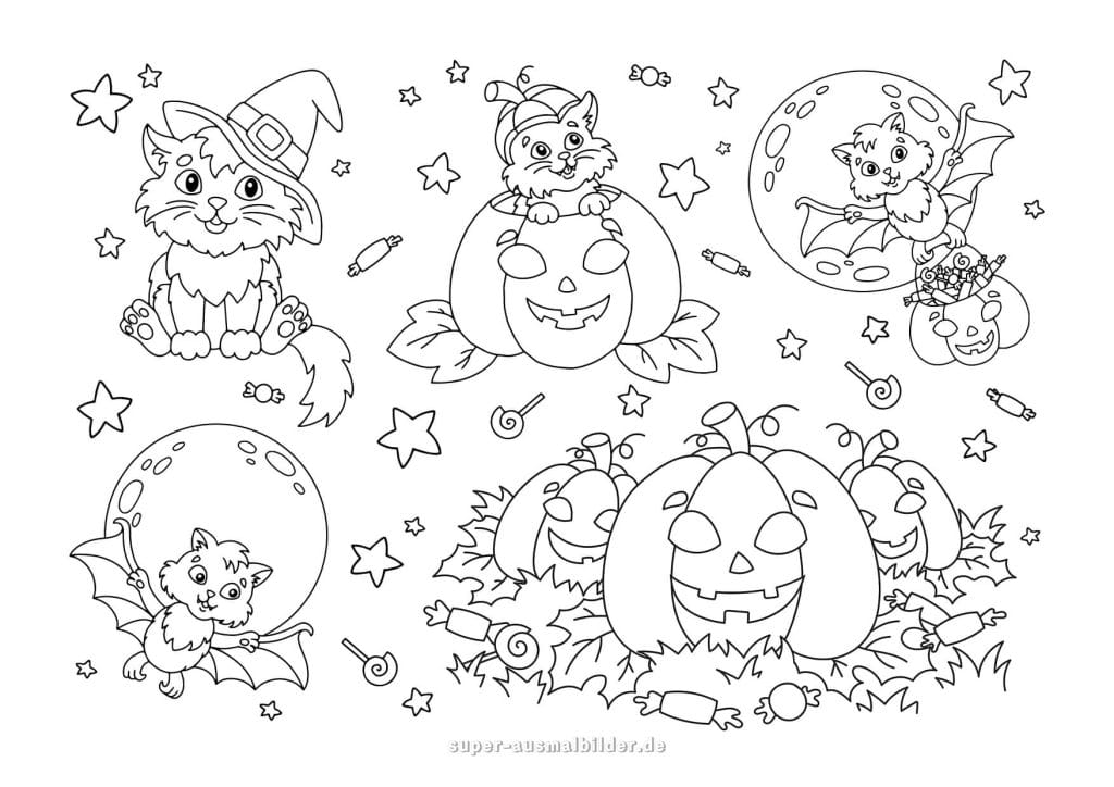 Halloween Ausmalbilder – süße Katzen und Kürbisse bei Vollmond, kostenlose Malvorlagen Halloween zum Ausdrucken