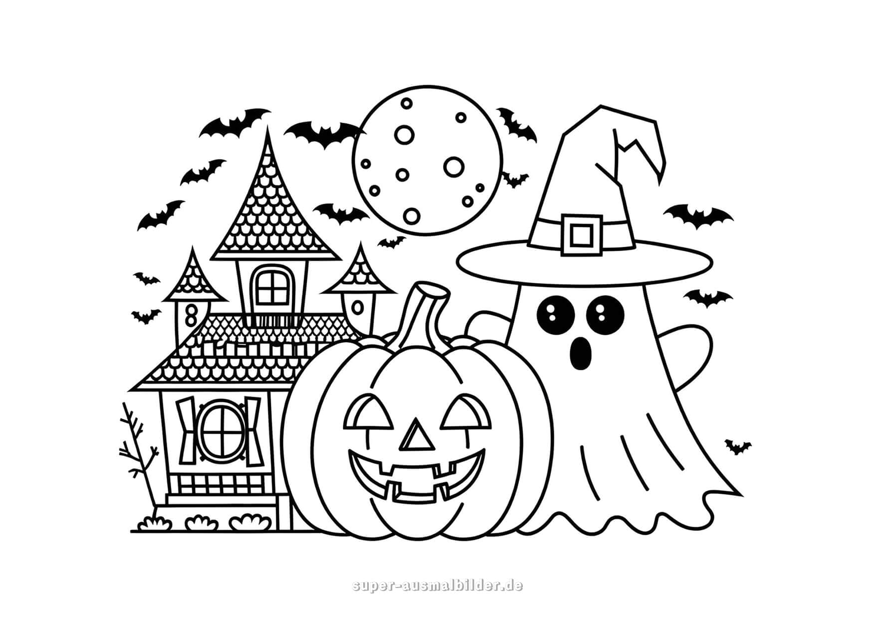 Halloween Bilder zum Ausmalen – Geist, Kürbis und Spukhäuser mit Fledermäusen, Malvorlage Halloween kostenlos