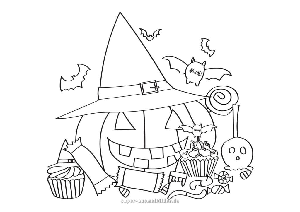 Halloween Kürbis Ausmalbilder – großer Kürbis mit Hexenhut und Süßigkeiten, Halloween Malvorlagen kostenlos drucken