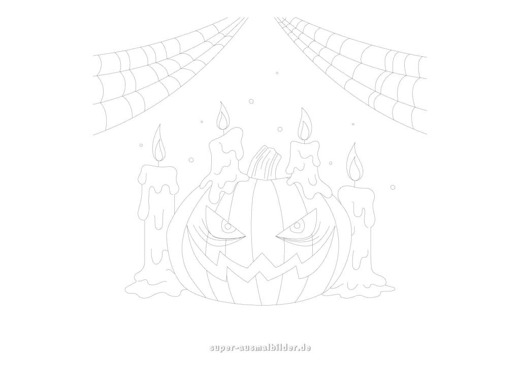 Halloween Kürbis Ausmalbilder – leuchtender Kürbis mit Kerzen und Spinnennetzen, kostenlose Halloween Malvorlage