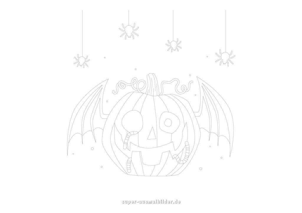 Halloween Kürbis Malvorlage – Kürbis mit Flügeln und Spinnen, Halloween Ausmalbilder kostenlos zum Ausdrucken