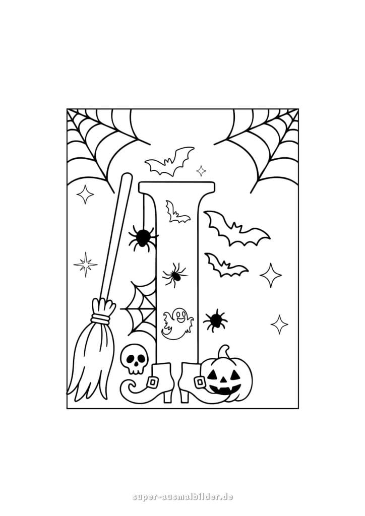 Halloween Malvorlage – Hexenbesen, Spinnen und Fledermäuse, kostenlose Halloween Ausmalbilder für Kinder