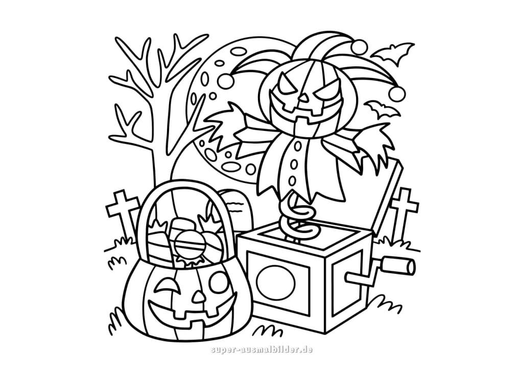 Halloween Malvorlage – Kürbis Clown aus der Spieluhr mit Süßigkeiten, kostenlose Halloween Ausmalbilder zum Ausdrucken