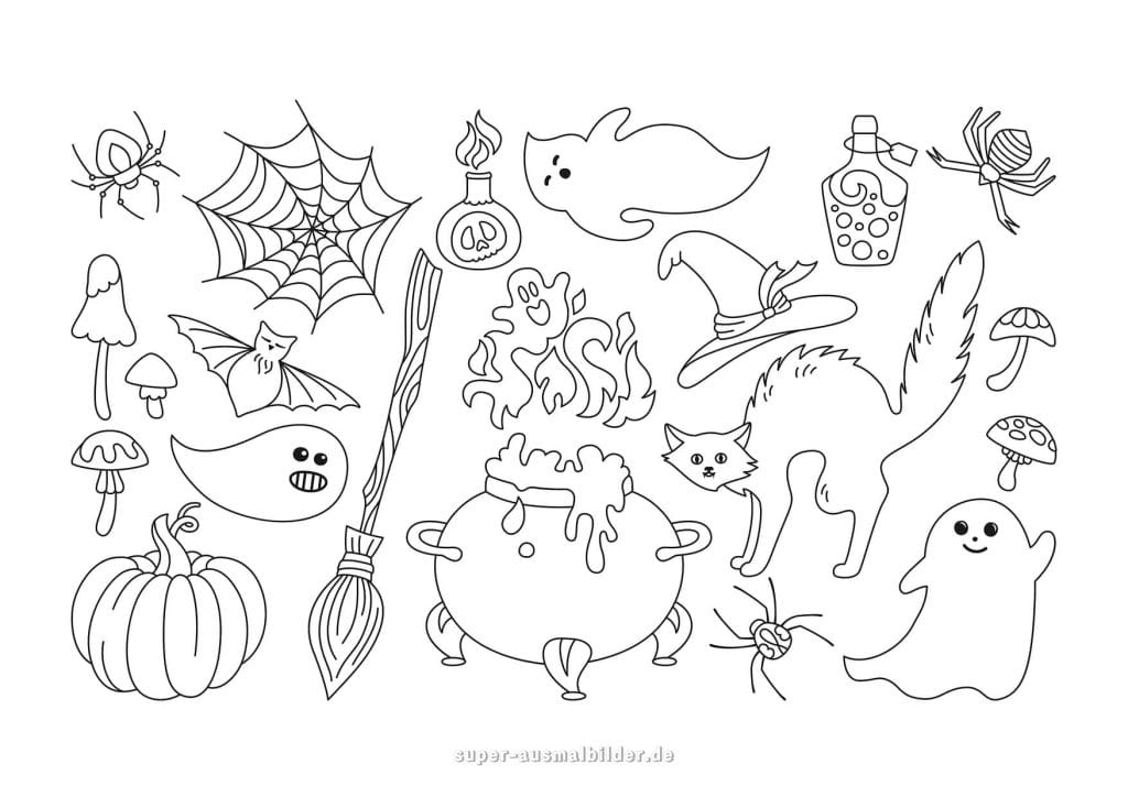 Halloween Malvorlage – Zaubertrank, Spinnen, Hexenkessel und Katzen, kostenlose Halloween Ausmalbilder für Kinder und Erwachsene