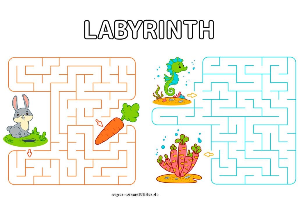 Hasen und Seepferdchen Labyrinth Tierlabyrinth für Kinder zum kostenlosen Download