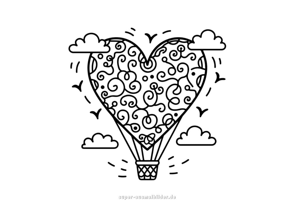 Heißluftballon in Herzform romantische Malvorlage mit Herz Ballon und Wolken, ideales Motiv zum Valentinstag oder Muttertag