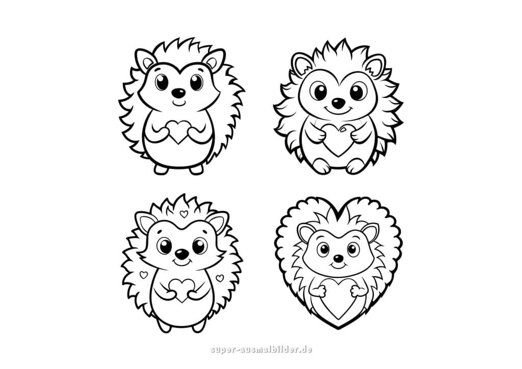 Herz Igel Ausmalbilder – vier niedliche Igel mit Herzen, perfekte Valentinstags Malvorlagen für Kinder, kostenlos druckbar