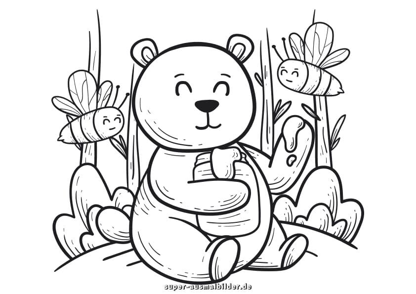 Honigbär. Glücklicher Bär mit Honigtopf und Bienen kostenloses Ausmalbild für Kinder