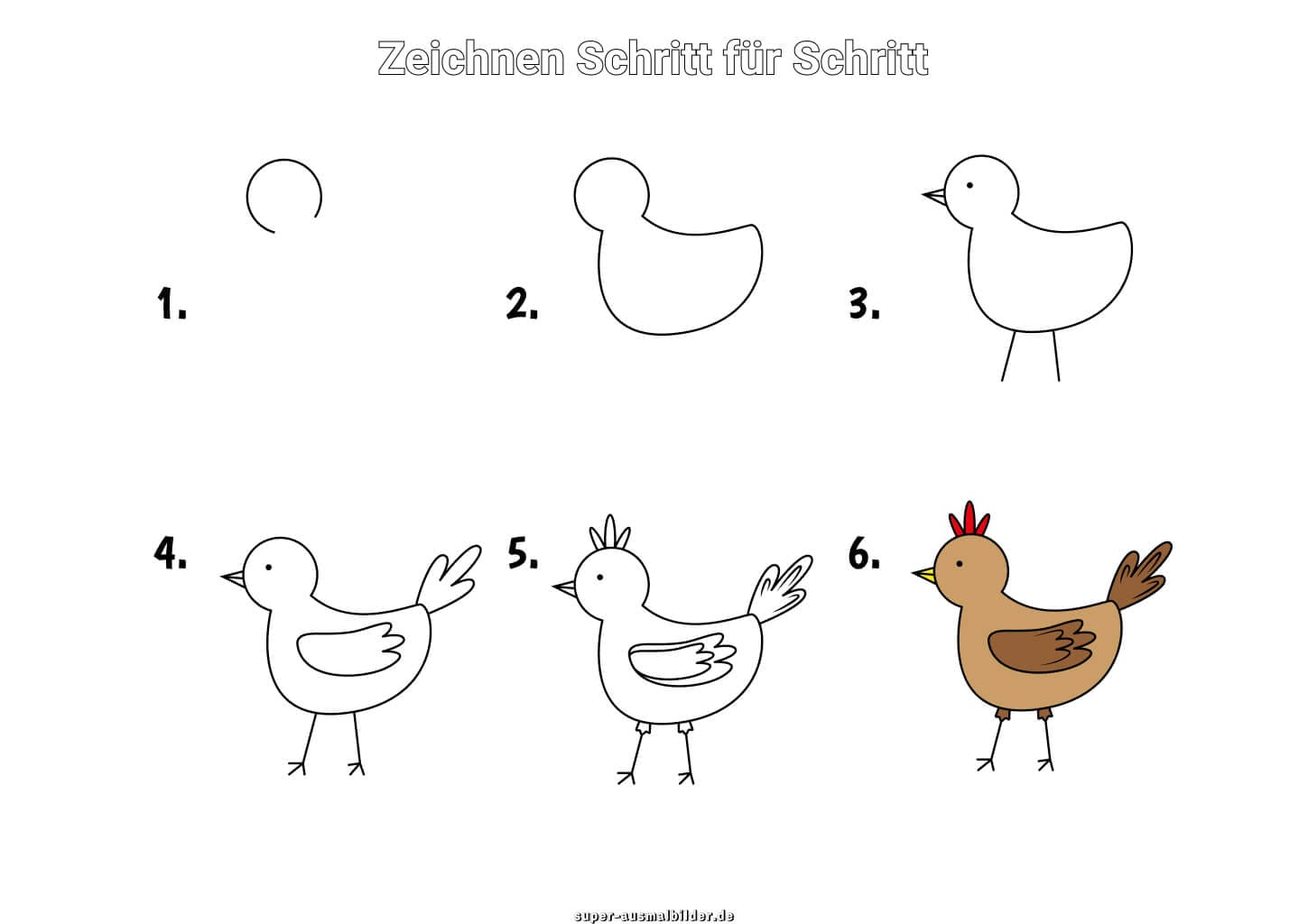 Huhn zeichnen Schritt für Schritt – einfache Anleitung für Kinder, um ein braunes Huhn zu malen