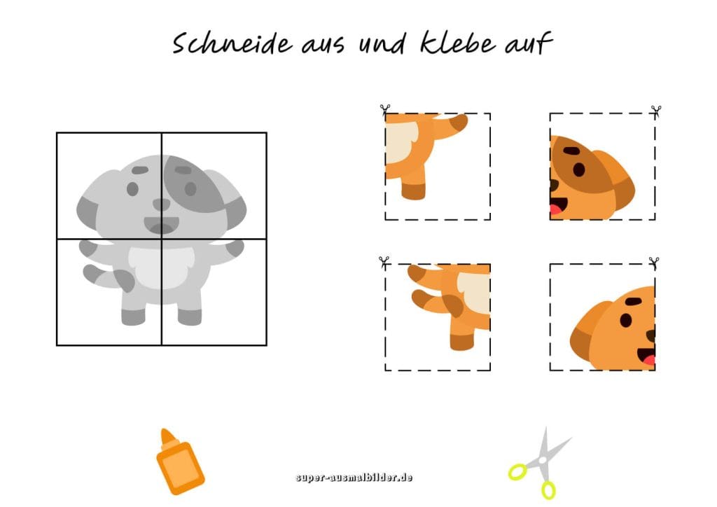Hund Bastelvorlage zum Ausschneiden Schneide und klebe den süßen Hund zusammen, gratis Arbeitsblatt für Kindergarten