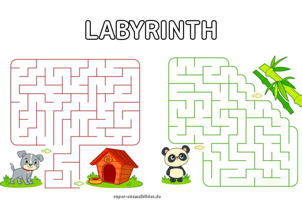 Hund und Panda Labyrinth doppelte Tierlabyrinthe zum Lernen und kostenlos Drucken