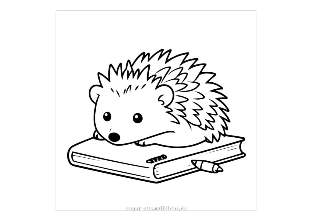 Igel auf dem Buch – niedlicher Igel liegt auf einem Buch mit Stift, kreative Schulmalvorlage zum Ausmalen für Kinder