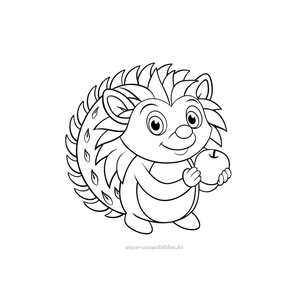 Igel hält Apfel – fröhlicher Igel mit Apfel in der Hand, Ausmalbild zum kostenlosen Drucken für Kinder