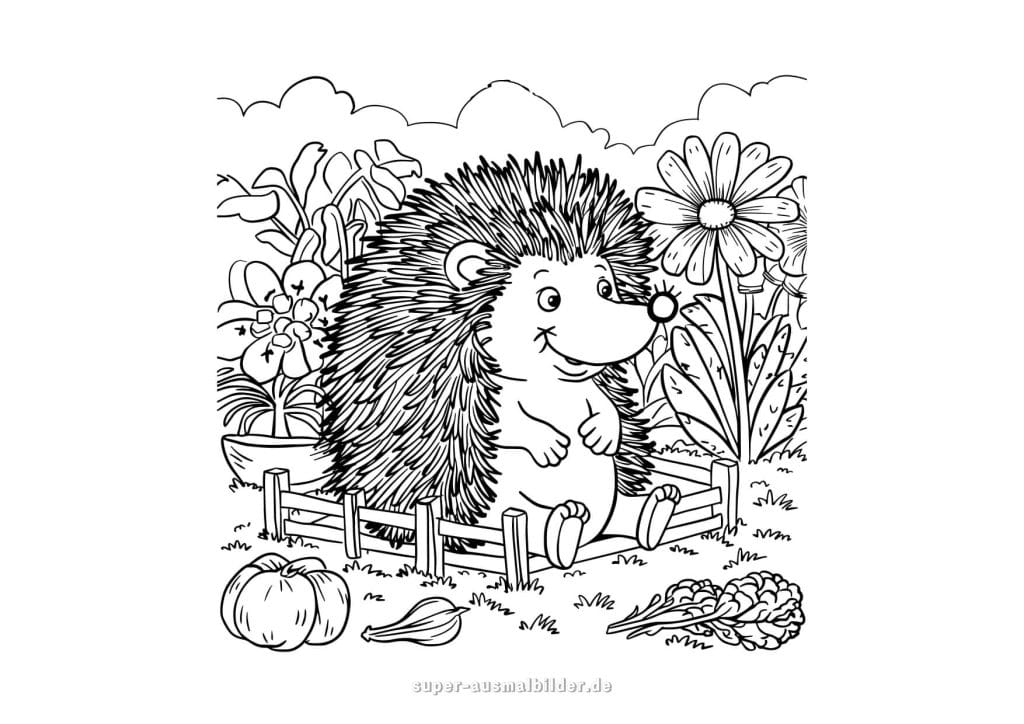 Igel im Garten – Ausmalbild mit fröhlichem Igel zwischen Blumen und Gemüse, liebevolle Herbstmalvorlage für Kinder
