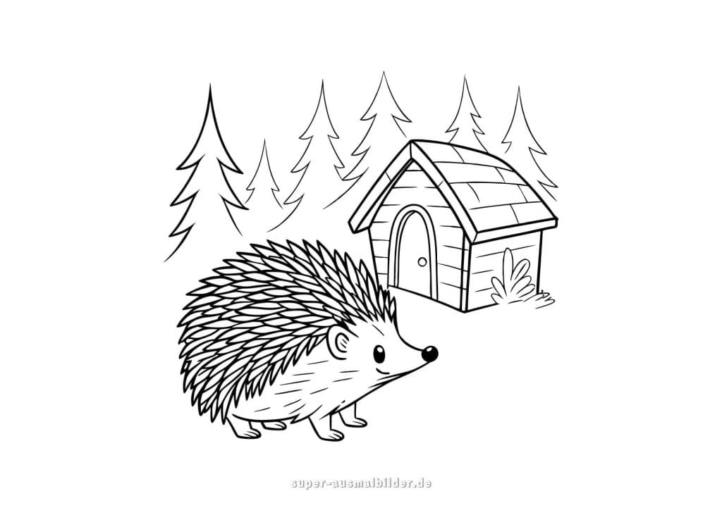Igel im Waldhaus – Malvorlage mit kleinem Igel vor seinem Häuschen zwischen Tannenbäumen, herbstliches Ausmalbild für Kinder