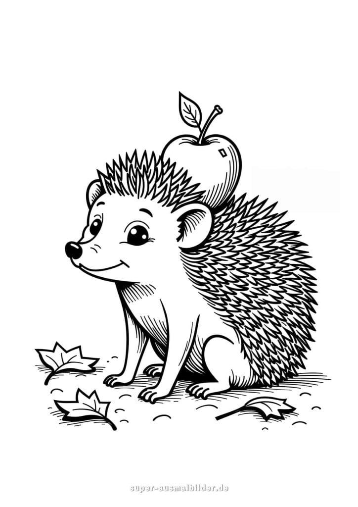 Igel mit Apfel Ausmalbild – niedlicher Igel mit Apfel auf dem Rücken zwischen Herbstblättern, kostenlose Malvorlage zum Ausdrucken