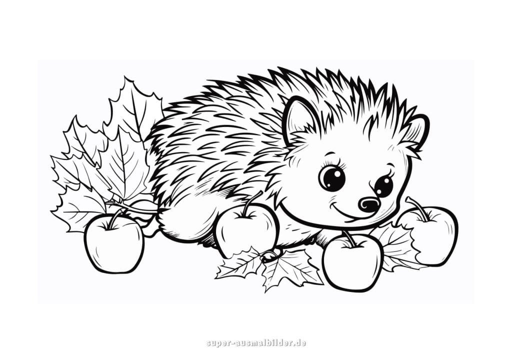 Igel mit Äpfeln – niedlicher Igel mit Herbstblättern und Äpfeln, detaillierte Ausmalvorlage für Kinder zum Herunterladen