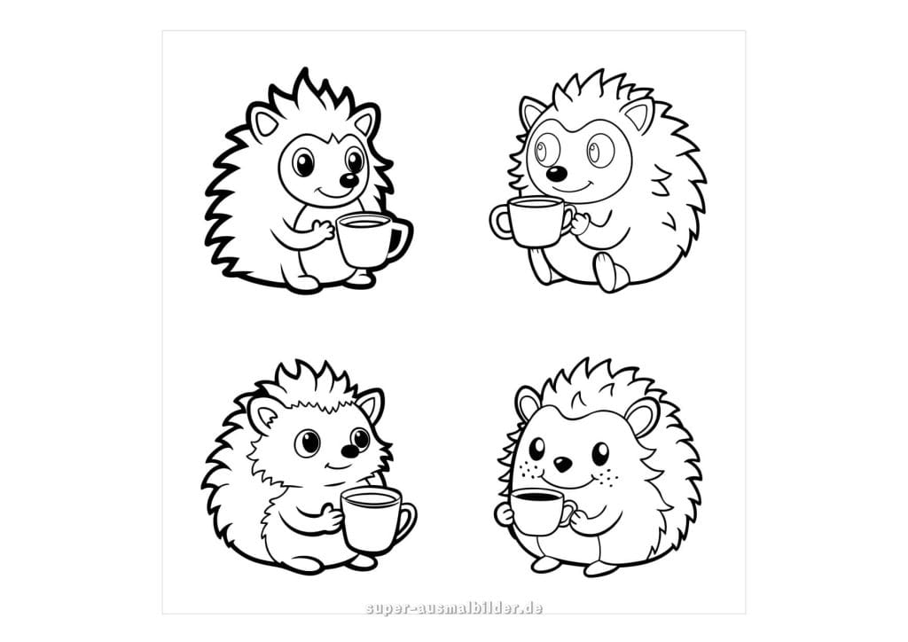 Igel mit Tasse – vier niedliche Igel mit Teetassen, liebevolle Herbstmalvorlage zum Ausmalen und Basteln mit Kindern