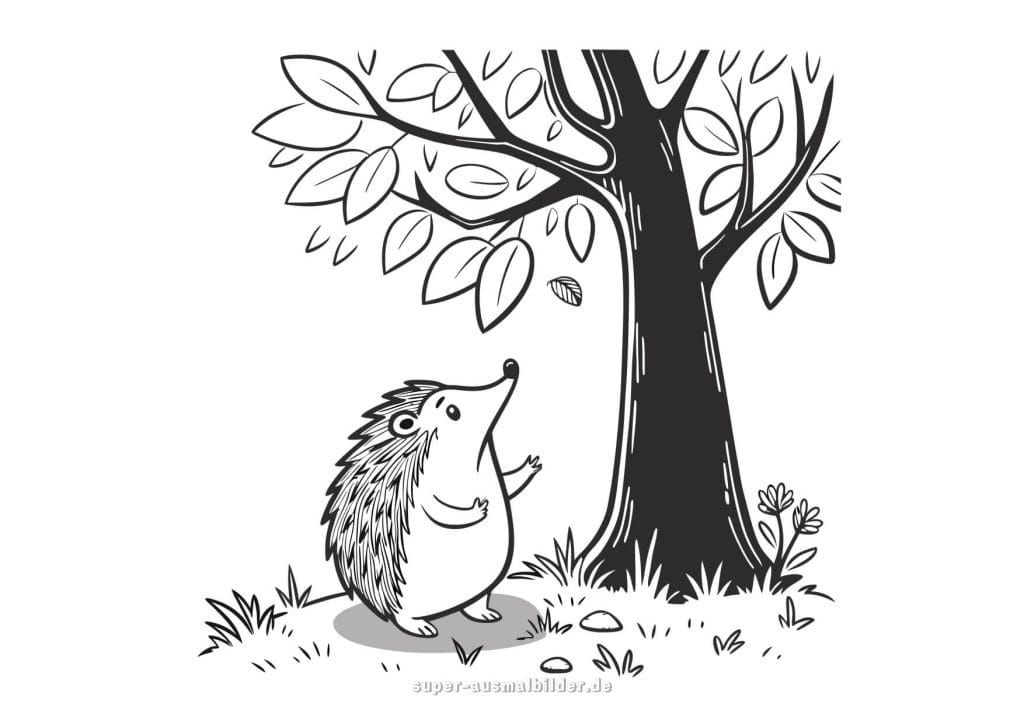 Igel unter dem Baum – Malvorlage eines kleinen Igels, der neugierig auf fallende Blätter schaut, zum Ausdrucken und Ausmalen