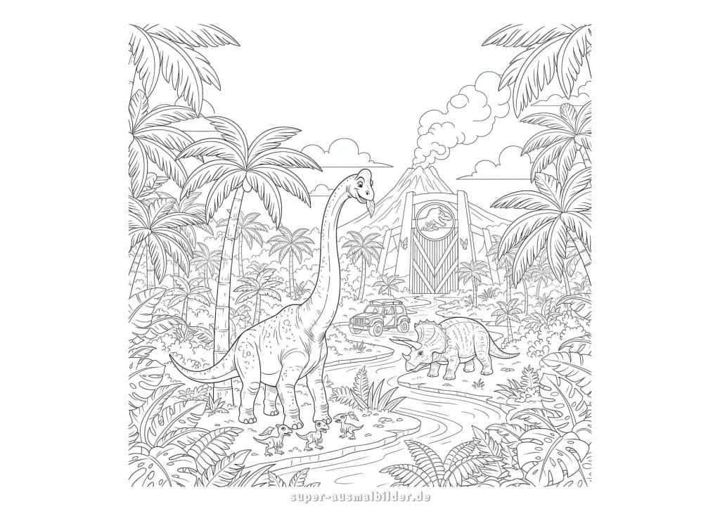 Jurassic World Ausmalbild – friedliche Dinosaurier im Park vor dem Vulkan, naturgetreue Dino Malvorlage zum kostenlosen Download und Ausdrucken