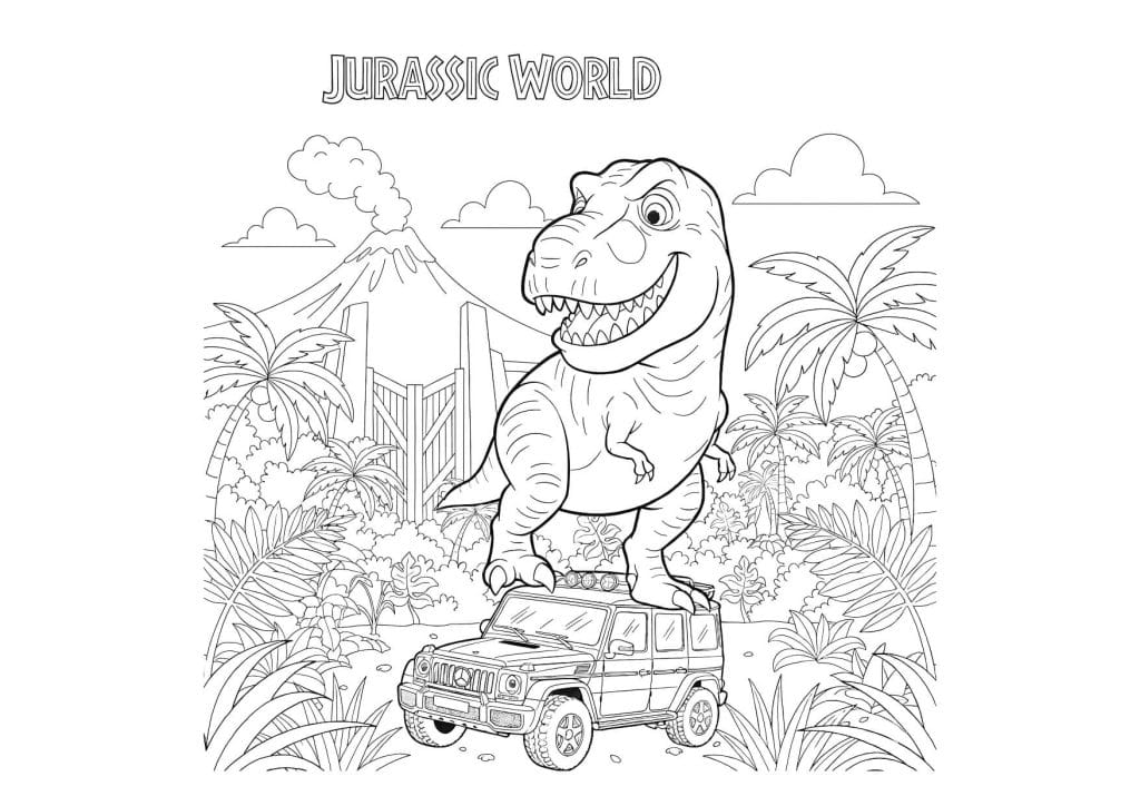 Jurassic World Ausmalbild – lustiger T Rex steht auf einem Jeep vor dem Tor des Parks, kinderfreundliche Dino Malvorlage zum Ausmalen