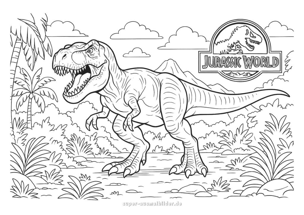 Jurassic World Ausmalbild – mächtiger T Rex im Dschungel mit Vulkan im Hintergrund, detailreiche Dino Malvorlage zum kostenlosen Ausdrucken für Kinder