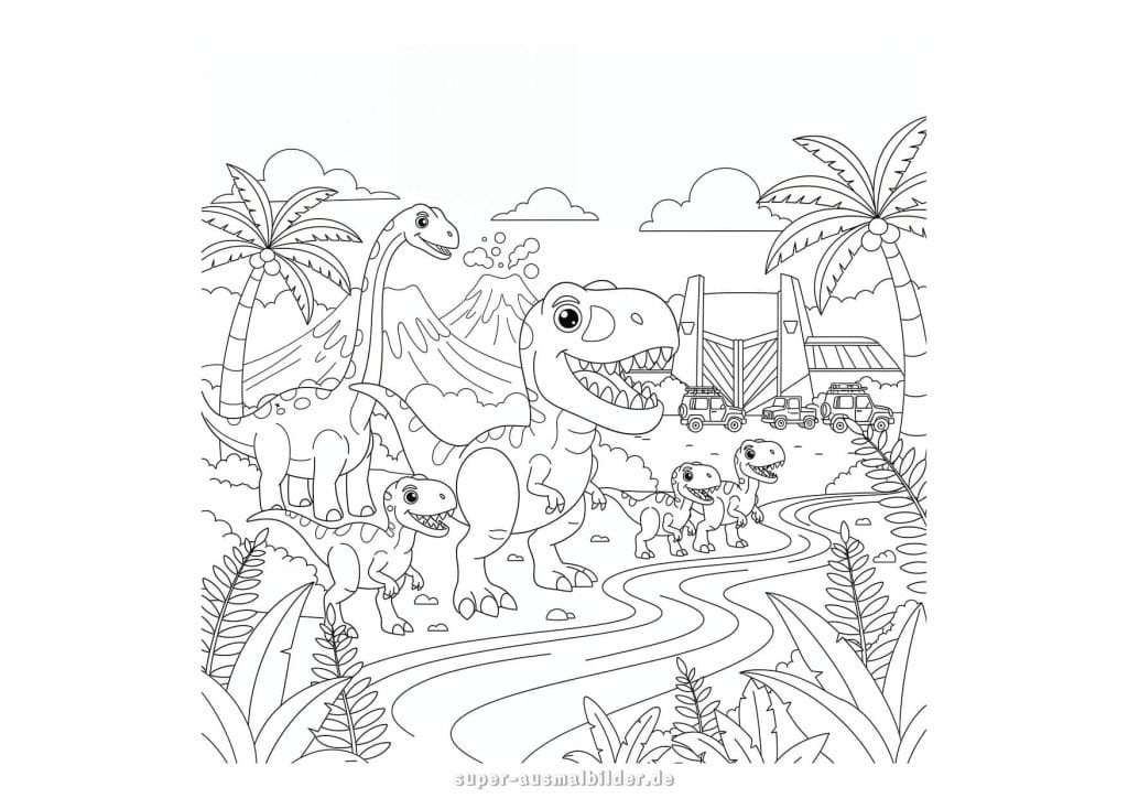 Jurassic World Ausmalbild – niedliche Dinosaurierfamilie mit Vulkan und Jeeps, kinderfreundliche Dino Motive zum Ausdrucken und Ausmalen