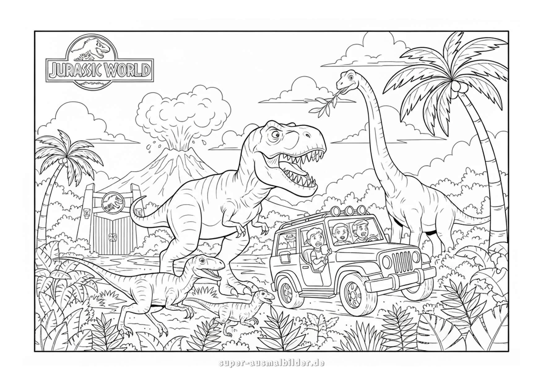 Jurassic World Ausmalbild – spannende Szene mit T Rex, Brachiosaurus und Jeep im Abenteuerpark, gratis Dinosaurier Malvorlage für Jungen und Mädchen